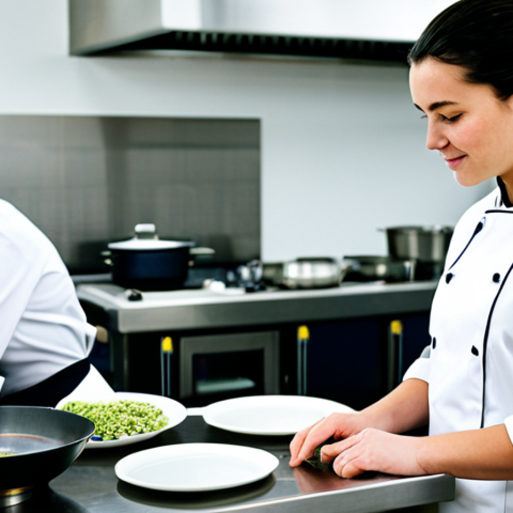 A female culinary student in a clean, modest chef's jacket and apron, actively engaged in a hands-on cooking lesson in a bright, modern professional kitchen. An experienced culinary instructor is gently guiding her technique, with other students in the background collaborating. Stainless steel counters and professional cooking equipment are visible. The atmosphere is collaborative and focused. fully clothed, modest clothing, appropriate attire, professional dress, safe for work, appropriate content, perfect anatomy, correct proportions, natural pose, well-formed hands, proper finger count, professional photography, high quality.