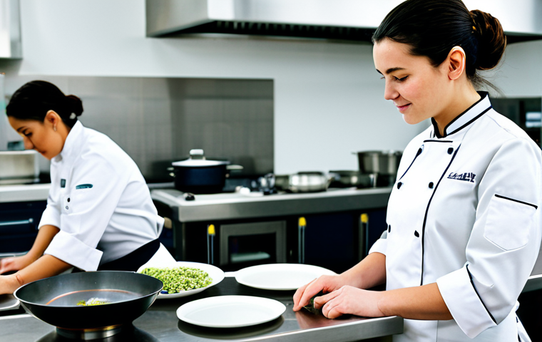 A female culinary student in a clean, modest chef's jacket and apron, actively engaged in a hands-on cooking lesson in a bright, modern professional kitchen. An experienced culinary instructor is gently guiding her technique, with other students in the background collaborating. Stainless steel counters and professional cooking equipment are visible. The atmosphere is collaborative and focused. fully clothed, modest clothing, appropriate attire, professional dress, safe for work, appropriate content, perfect anatomy, correct proportions, natural pose, well-formed hands, proper finger count, professional photography, high quality.