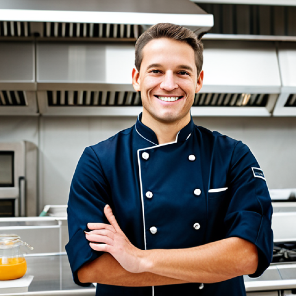 A determined professional entrepreneur, male or female, holding a diploma in Western Cuisine, standing confidently in a bright, modern, and impeccably clean commercial kitchen. The entrepreneur is dressed in a modest, professional chef's jacket, fully clothed, with a subtle smile. Gleaming steel surfaces and professional cooking equipment are softly blurred in the background. Natural pose, perfect anatomy, correct proportions, well-formed hands, proper finger count, natural body proportions, professional photography, high quality, ultra-detailed, sharp focus, safe for work, appropriate content, modest, family-friendly.