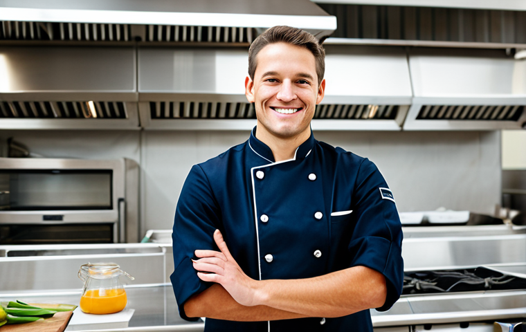 A determined professional entrepreneur, male or female, holding a diploma in Western Cuisine, standing confidently in a bright, modern, and impeccably clean commercial kitchen. The entrepreneur is dressed in a modest, professional chef's jacket, fully clothed, with a subtle smile. Gleaming steel surfaces and professional cooking equipment are softly blurred in the background. Natural pose, perfect anatomy, correct proportions, well-formed hands, proper finger count, natural body proportions, professional photography, high quality, ultra-detailed, sharp focus, safe for work, appropriate content, modest, family-friendly.