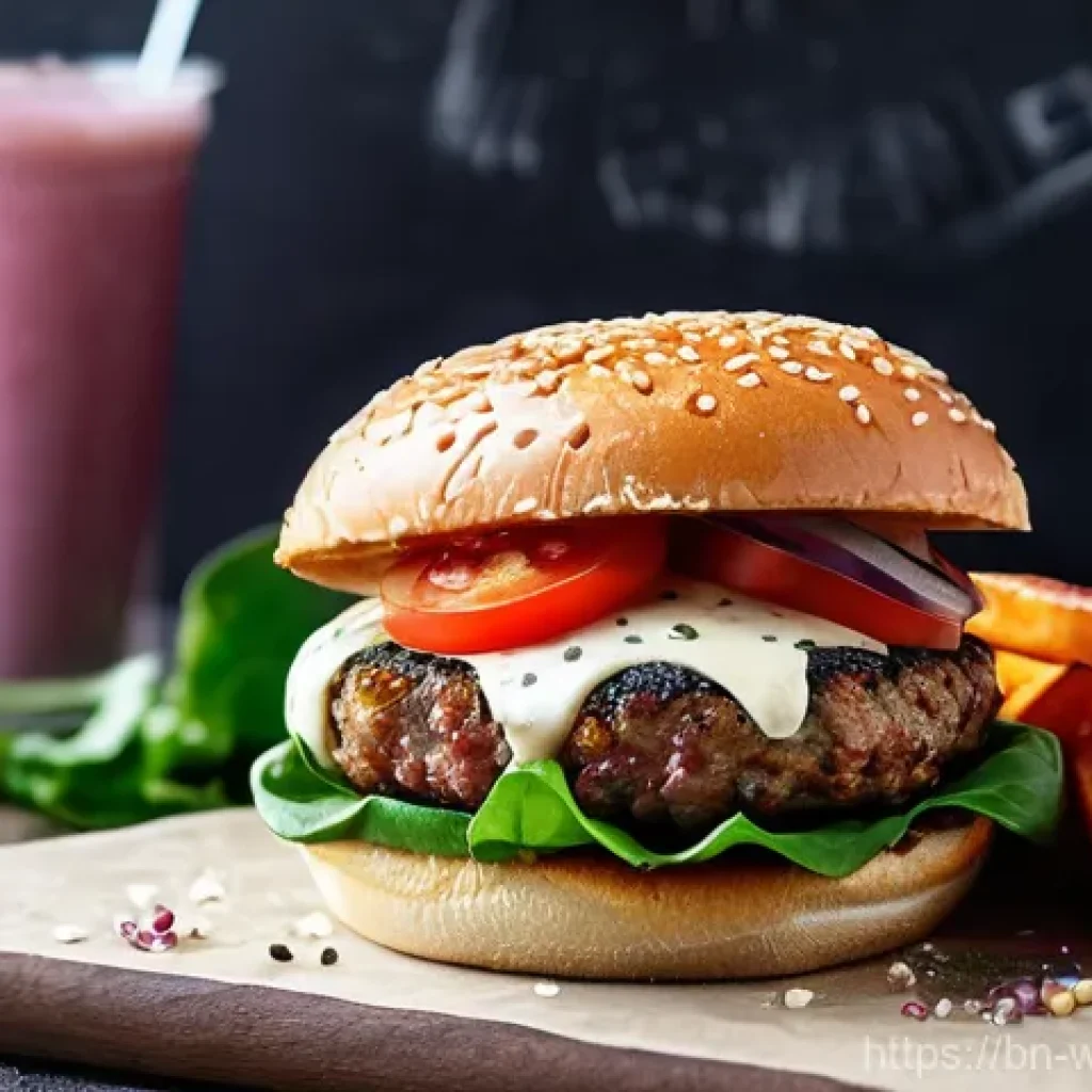 양식조리와 비건 요리의 연계성 - **Guilt-Free Vegan Burger Feast**
A close-up, high-definition photograph of a perfectly stacked,...