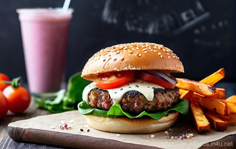 양식조리와 비건 요리의 연계성 - **Guilt-Free Vegan Burger Feast**
A close-up, high-definition photograph of a perfectly stacked,...