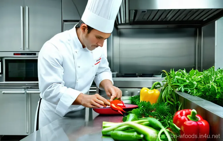 양식조리 실기 시험 채점관이 보는 포인트 - **A focused chef meticulously inspecting fresh ingredients in a pristine kitchen.**
* **Descri...